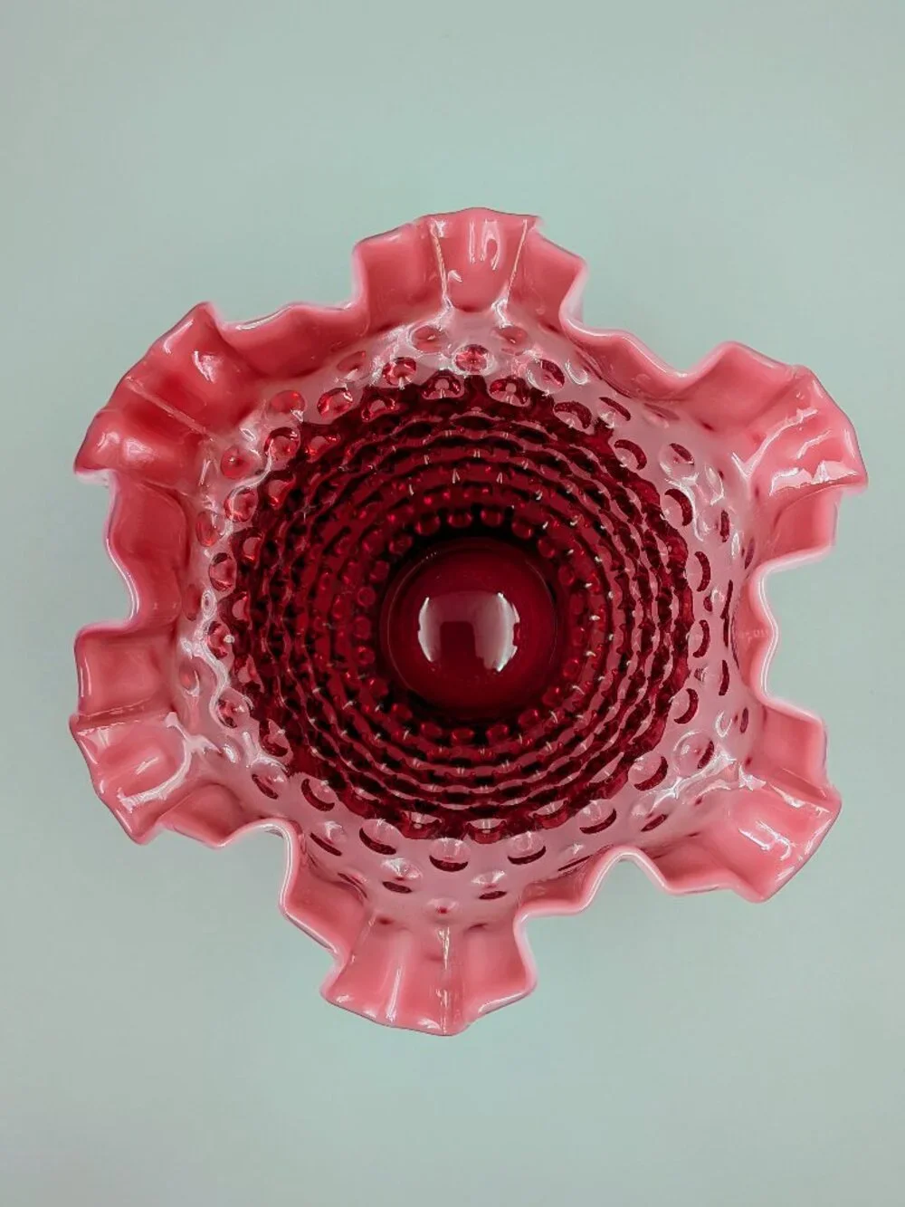 Vintage Fenton Cranberry Opalescent Hobnail Ruffled Bowl  - Midcentury Art Glass